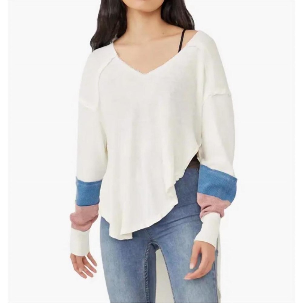 Free People We The Free Goalie High Low T Shirt in Ivory Combo Size Small